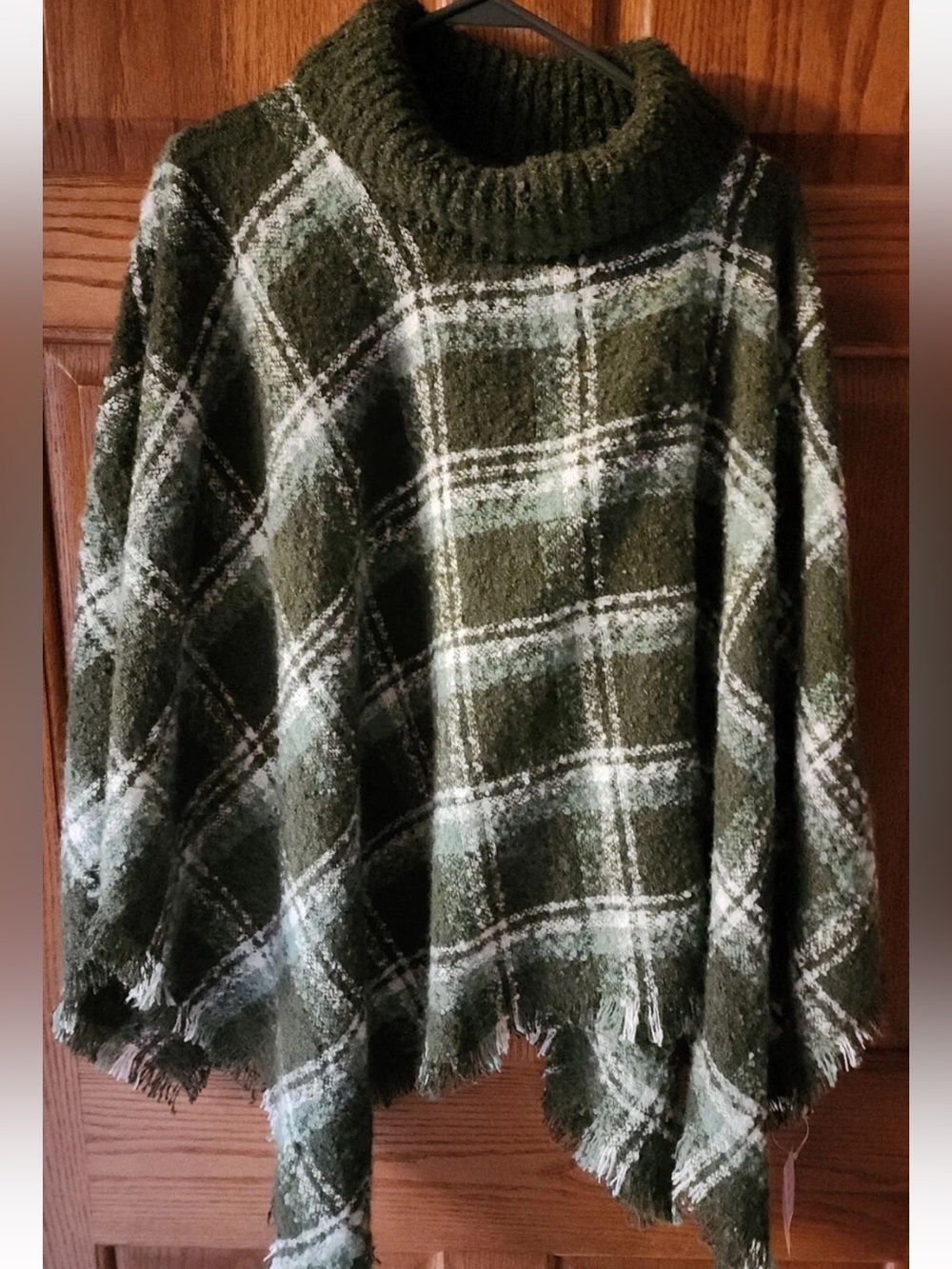 Serra Green Plaid Bohemian Poncho with Soft Turtleneck  One Size